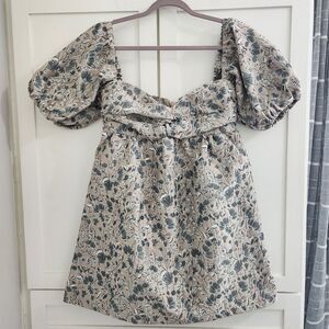 En Saison Puff Sleeve Babydoll Dress Twist Bust Tapestry Floral Cottage Medium
